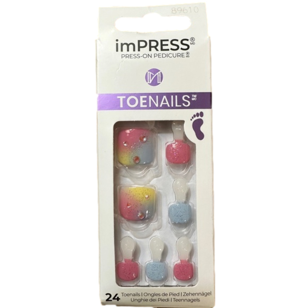 New imPress Press On Pedicure‎ Toe Nails Sparkly Pink/Blue/Yellow